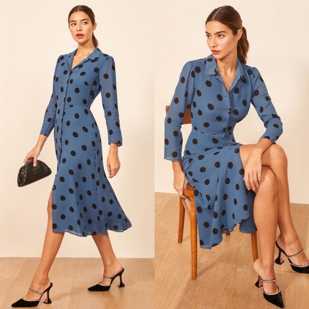 Reformation Navy Polka Dot Midi Dress